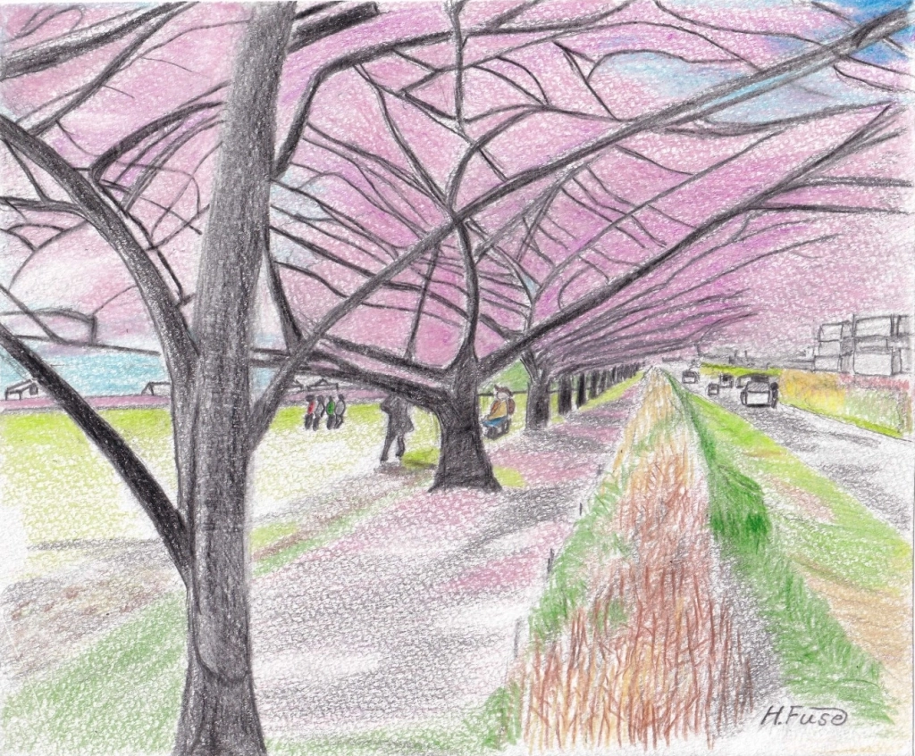 旅スケッチ（佐倉市）「京成志津駅周辺」　ピンク色の雲が地上に舞い降りて来た